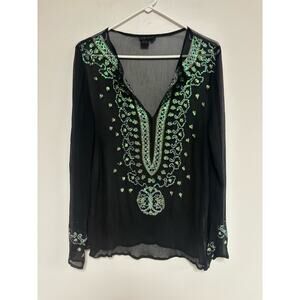 Venus top shirt blouse tunic 100% silk black floral sequined sheer boho S